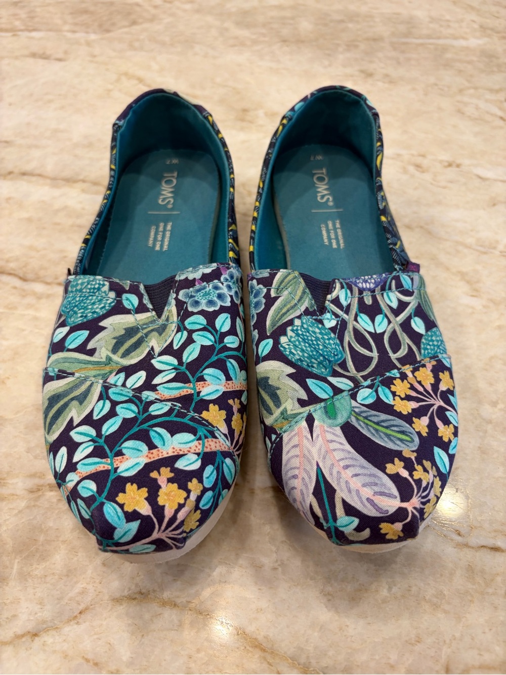 TOMS Navy Floral Slip-On Shoes with Teal Accents